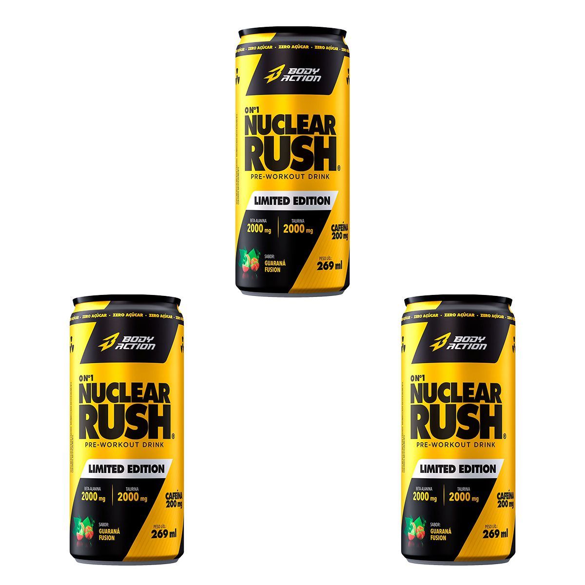 Kit 3X Nuclear Rush Pre Workout Drink - 269ml Guaran� Fusion - BodyAction