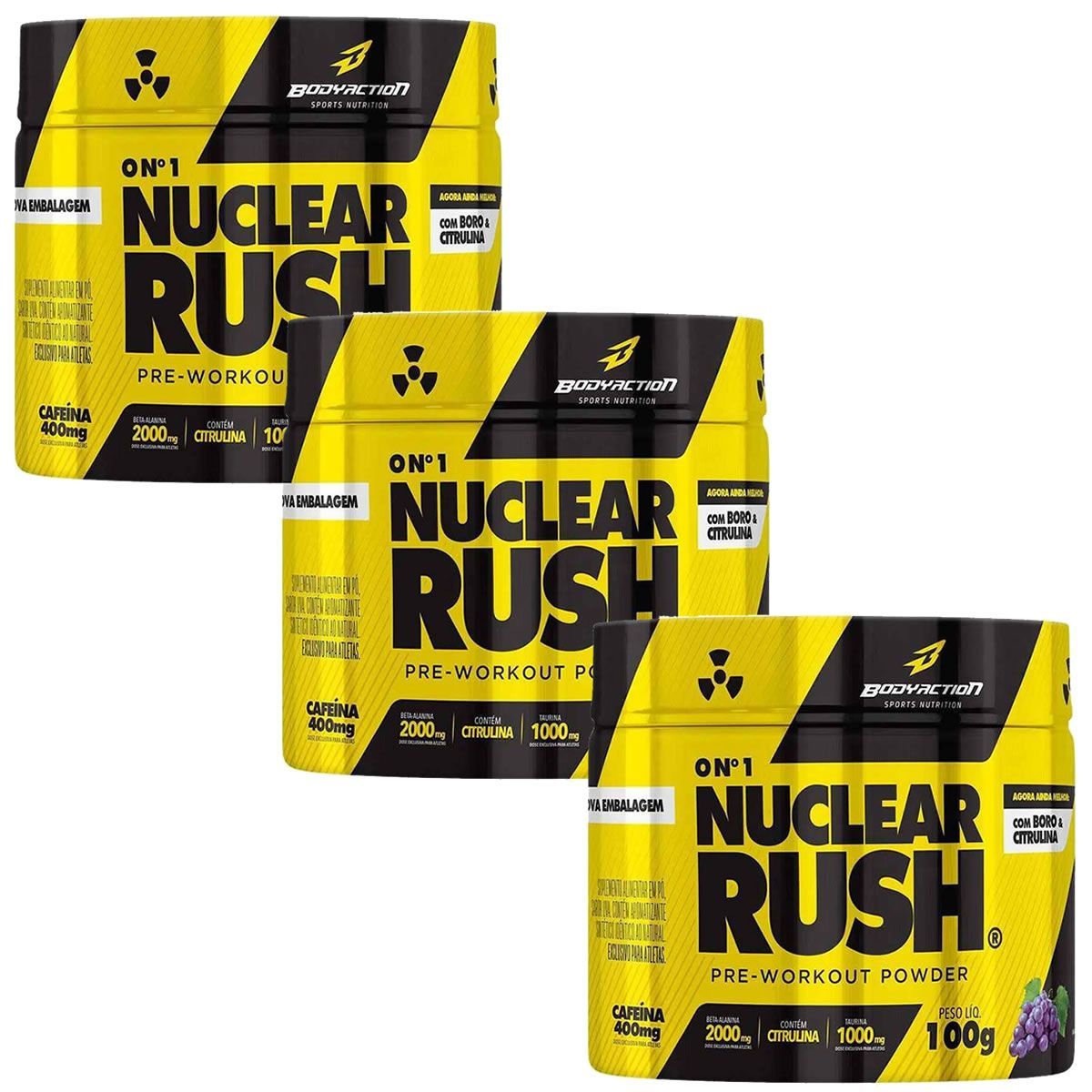 Kit 3X Nuclear Rush Pre Workout Powder - 100g Uva - BodyAction