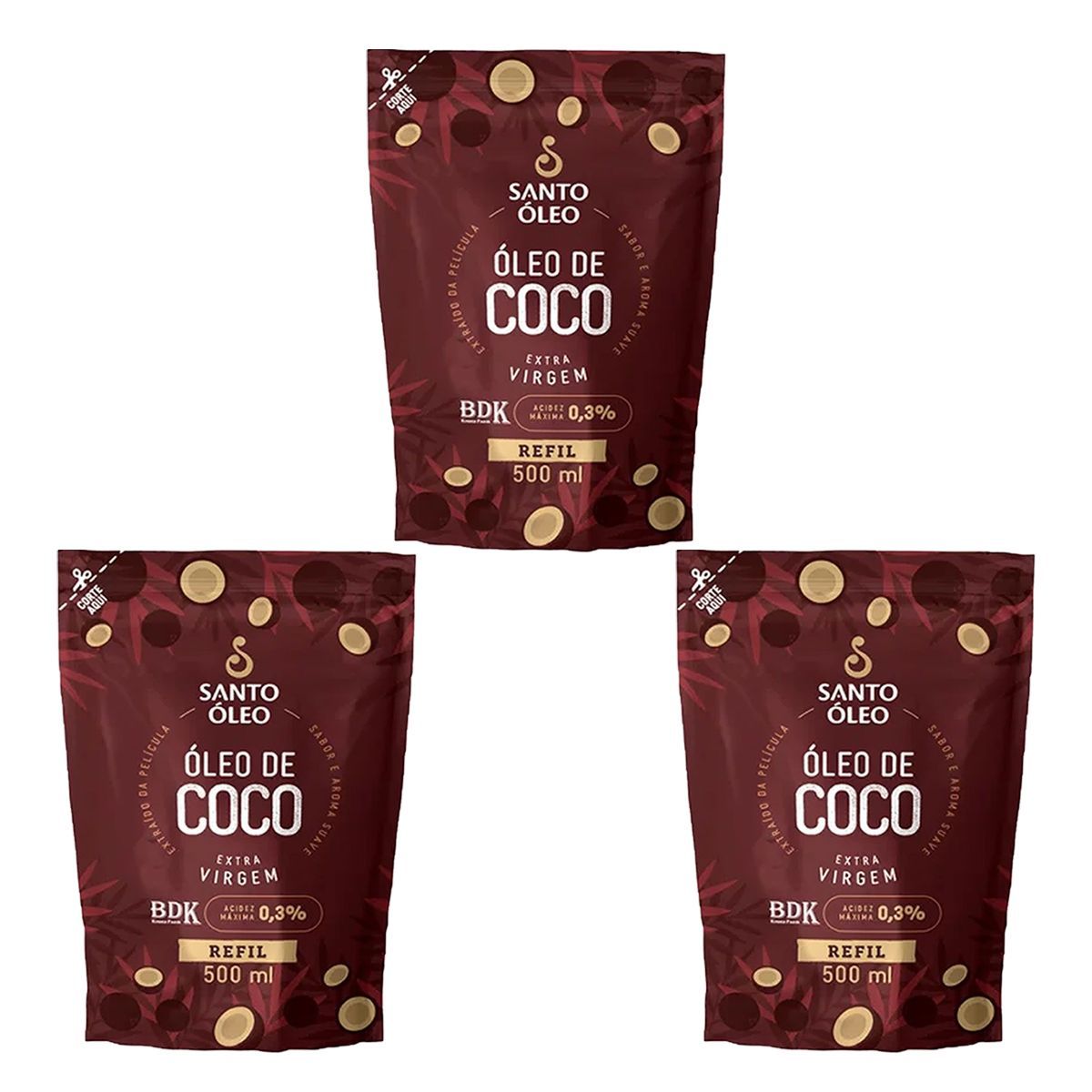 Kit 3X Oleo de Coco de Pelicula - Refil 500ml Extravirgem - Santo �leo