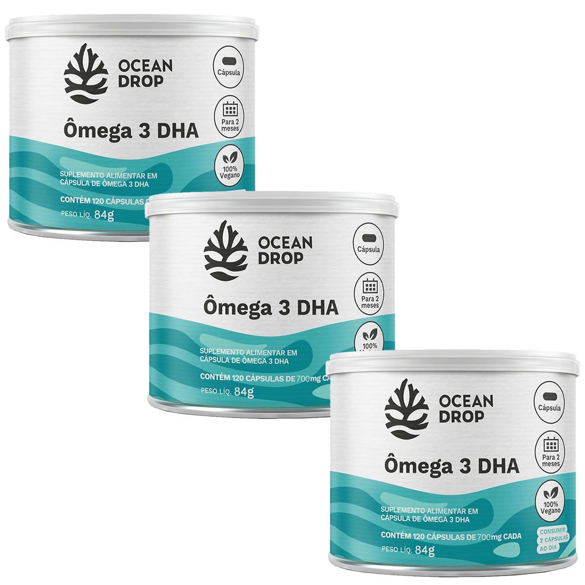 Kit 3X �mega 3 DHA Vegano - 120 C�psulas - Ocean Drop