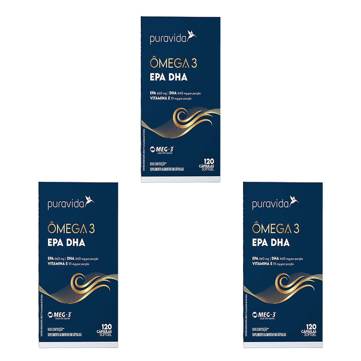Kit 3X Omega 3 EPA DHA Nova Composi��o - 120 C�psulas - Puravida