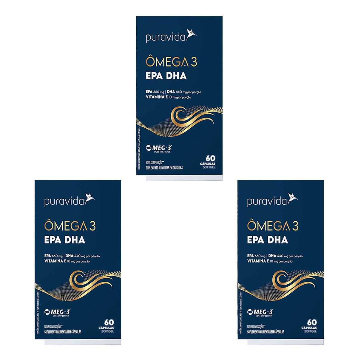 Kit 3X �mega 3 EPA DHA Nova Composi��o - 60 C�psulas Softgel - Puravida