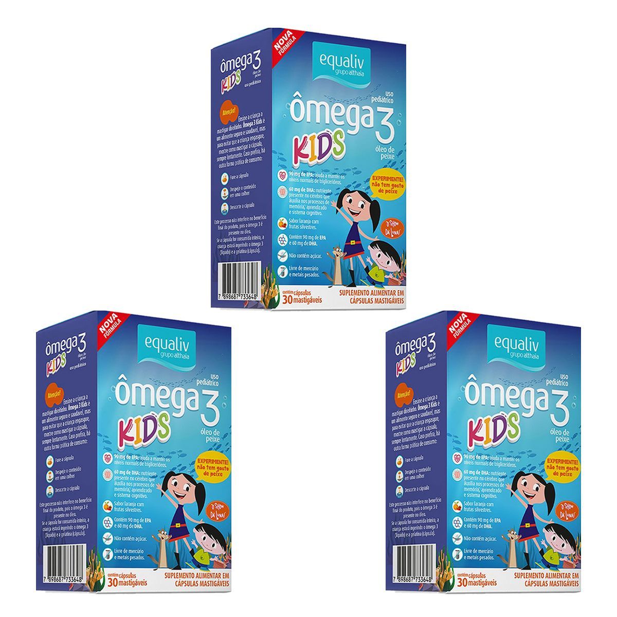 Kit 3X �mega 3 Kids � 30 C�psulas Mastig�veis  Laranja com Frutas Silvestres  - Equaliv