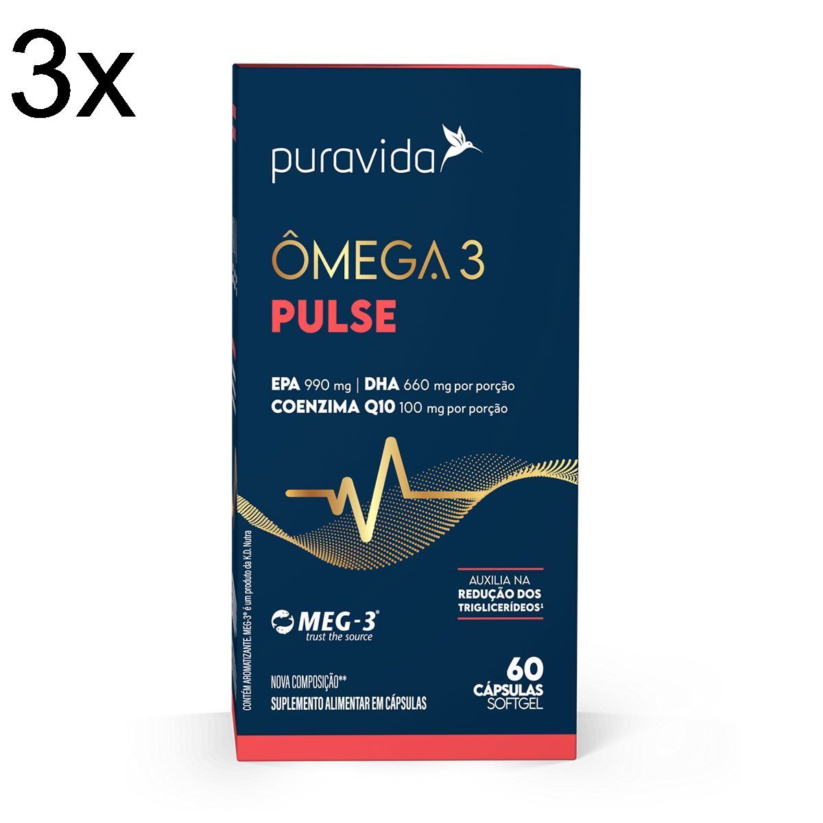 Kit 3X �mega 3 Pulse Nova Composi��o - 60 C�psulas Softgel - Puravida