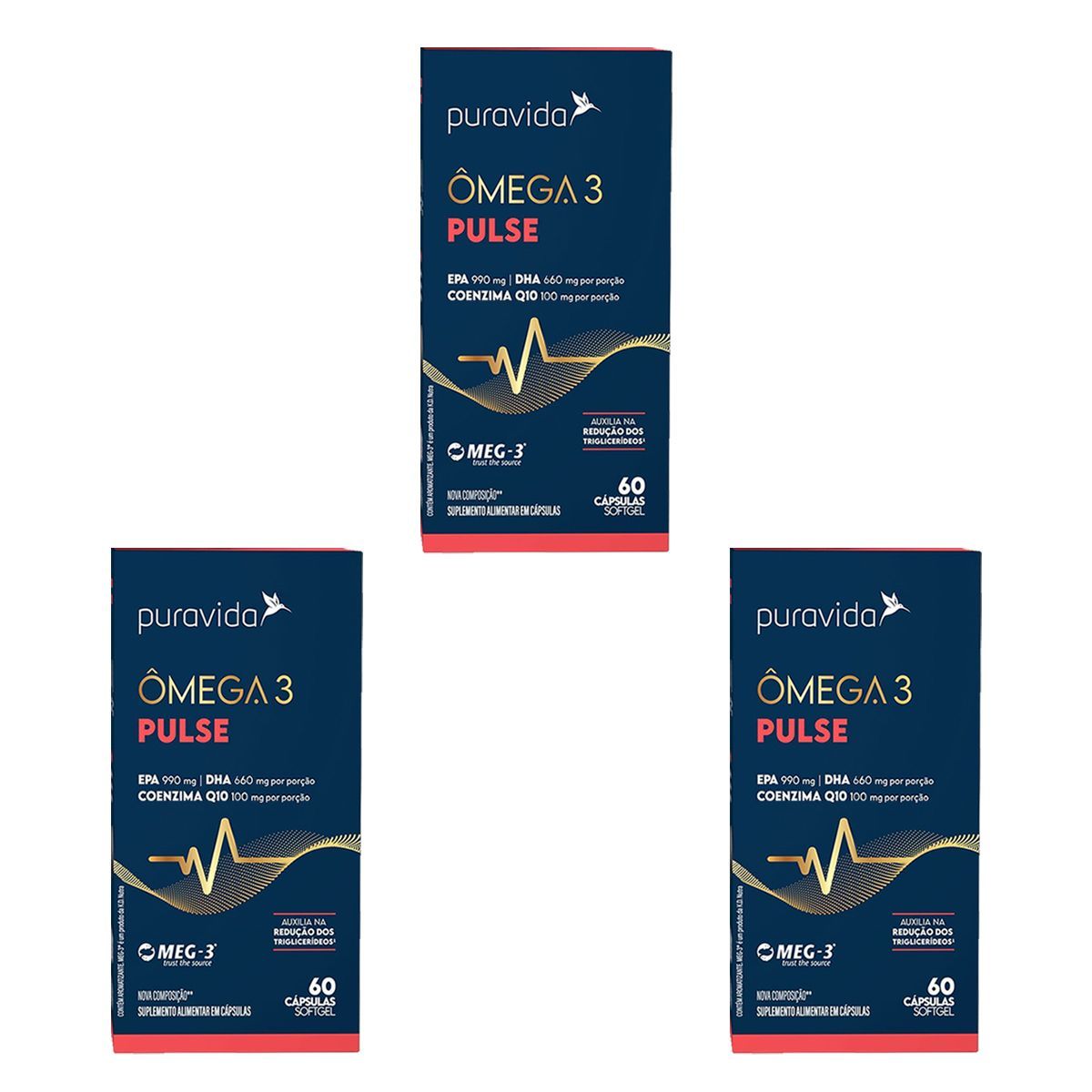 Kit 3X �mega 3 Pulse Nova Composi��o - 60 C�psulas Softgel - Puravida