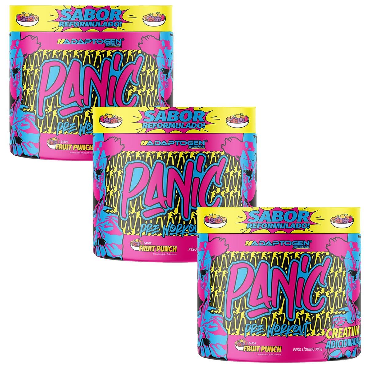 Kit 3X Panic Pr�-Treino - 300g Fruit Punch - Adaptogen