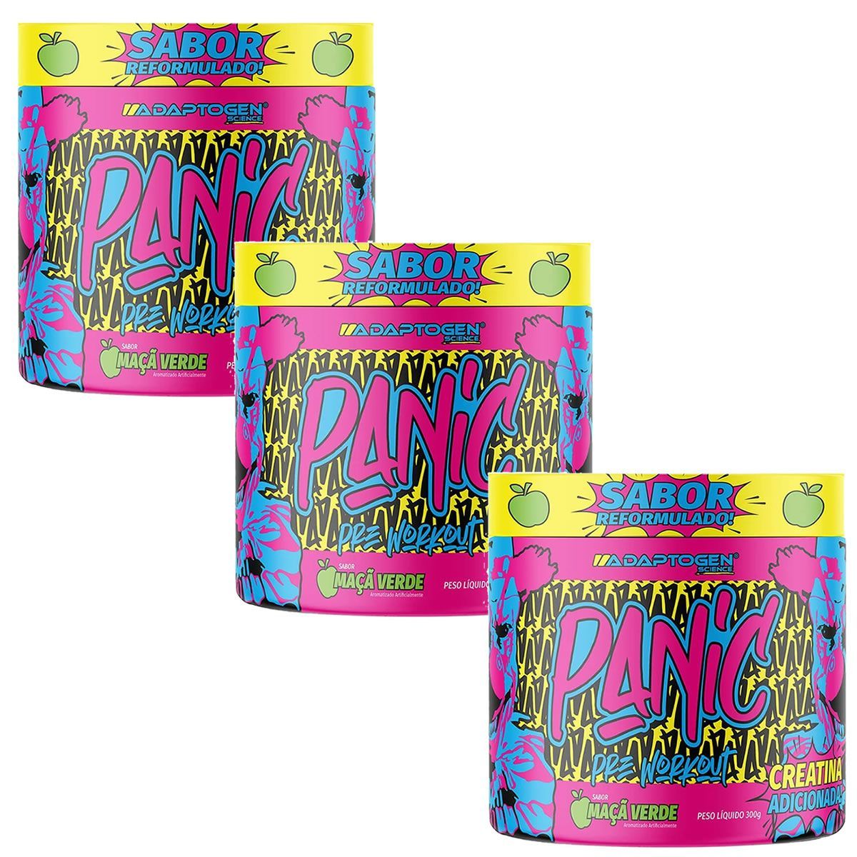 Kit 3X Panic Pr�-Treino - 300g Ma�a Verde - Adaptogen