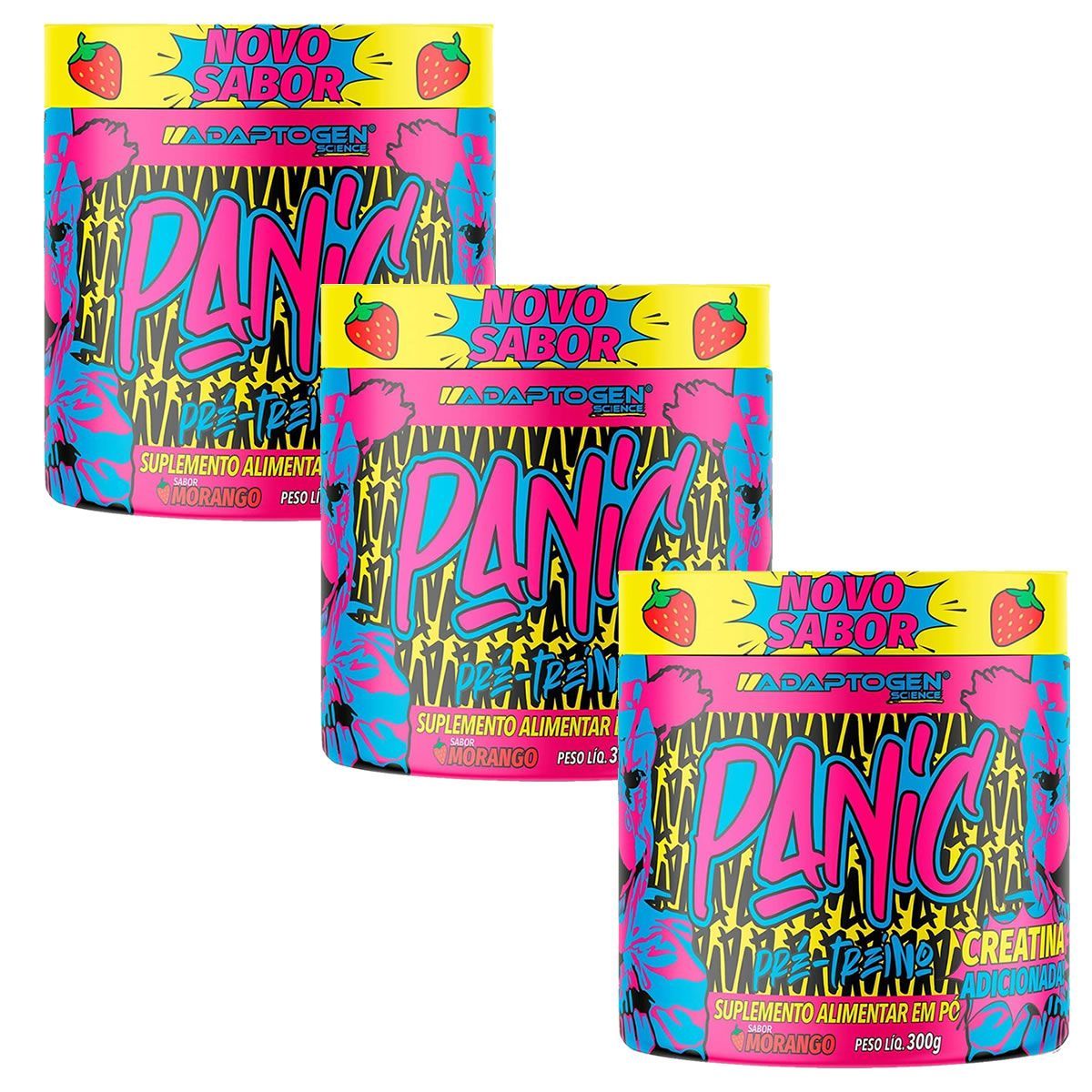 Kit 3X Panic Pr�-Treino - 300g Morango - Adaptogen