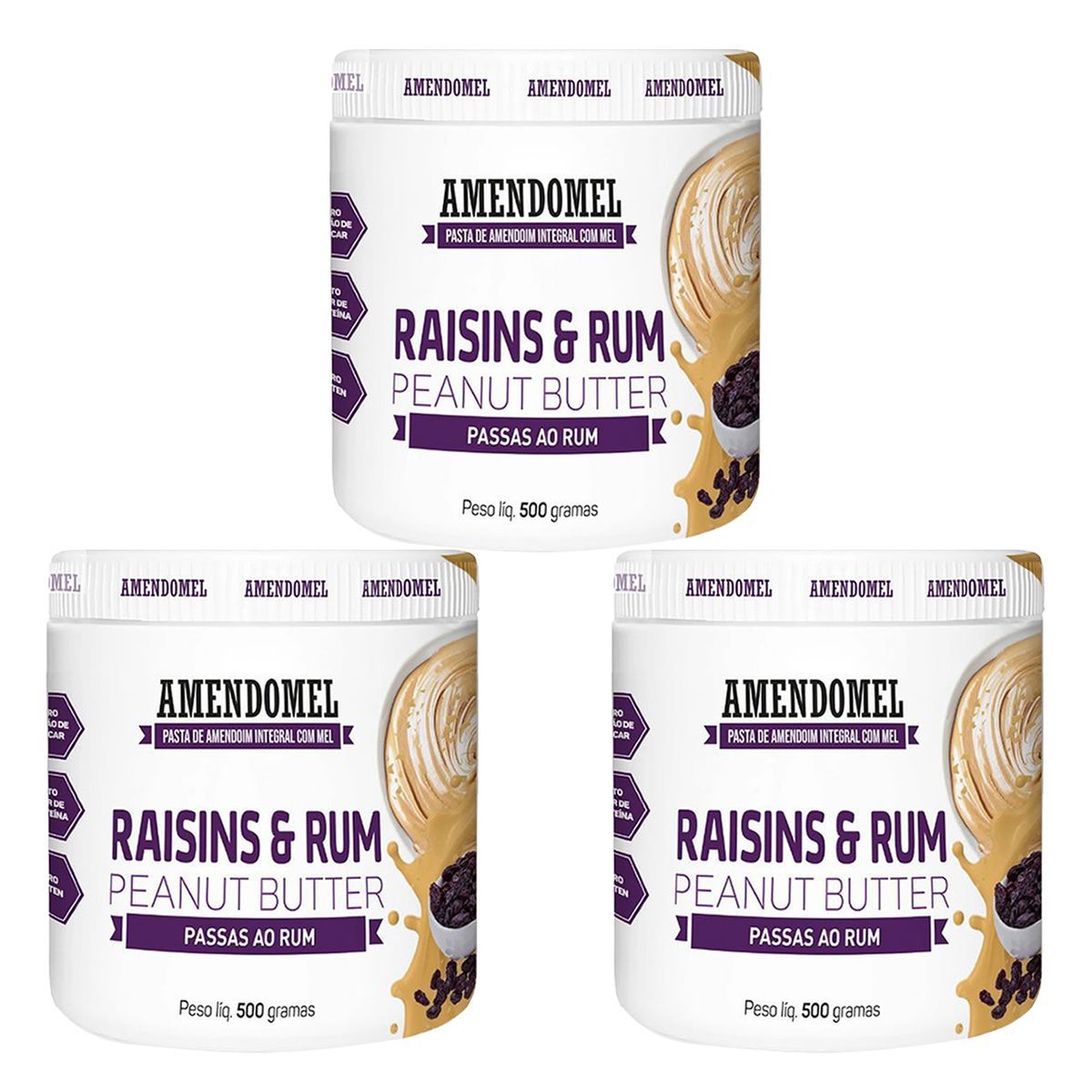 Kit 3X Pasta Amendomel - 500g Chocolate Branco e Passas Rum - Amendomel