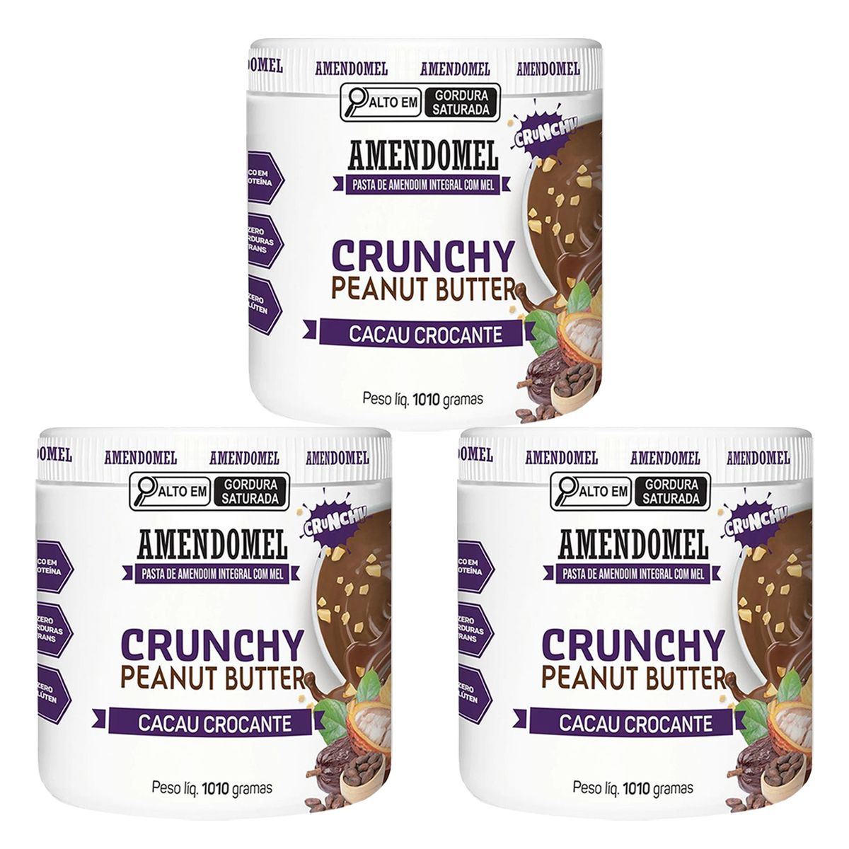 Kit 3X Pasta de Amendoim - 1010g Mel E Cacau Crocante - AmendoMel