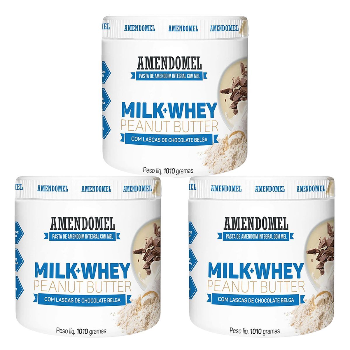 Kit 3X Pasta de Amendoim - 1010g Milk Whey Chocolate Belga - Amendomel
