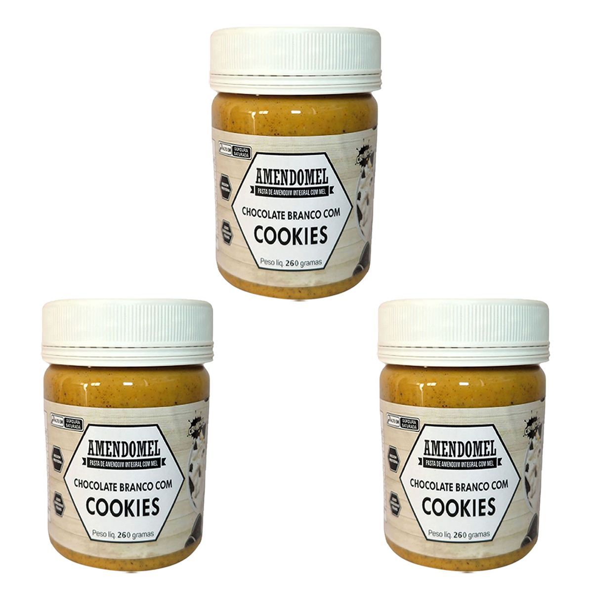 Kit 3X Pasta de Amendoim - 260g Chocolate Branco Com Cookies - Amendomel