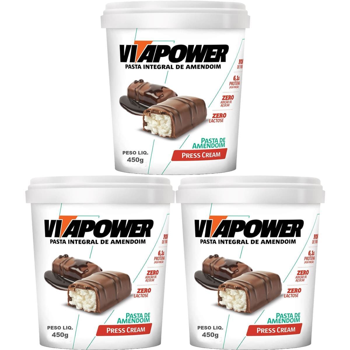 Kit 3X Pasta de Amendoim - 450g Press Cream - Vitapower