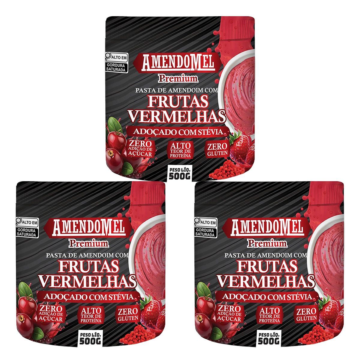 Kit 3X Pasta de Amendoim - 500g Com Frutas Vermelhas - Amendomel