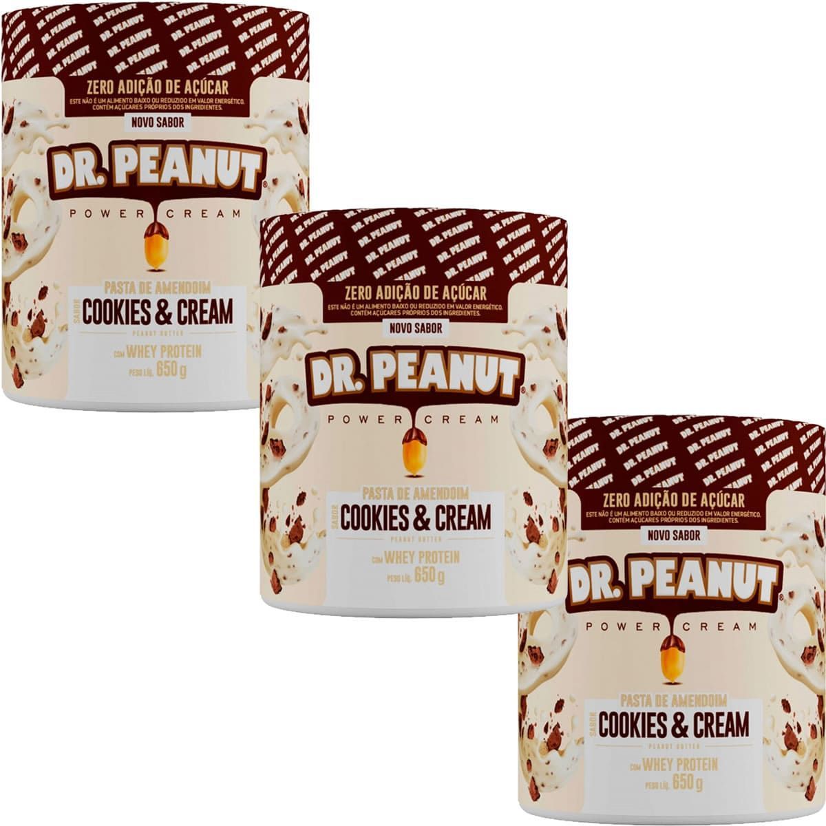 Kit 3X Pasta de Amendoim - 650g Cookies and Cream com Whey Protein - Dr. Peanut