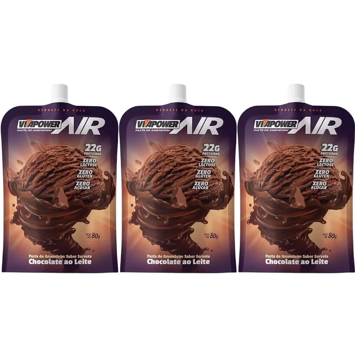 Kit 3X Pasta de Amendoim - 80g Pouch Sorvete Chocolate ao Leite - VitaPower Air