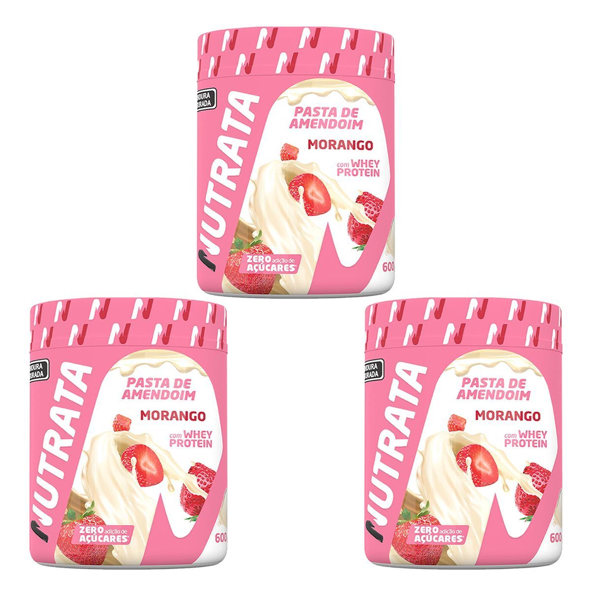 Kit 3X Pasta de Amendoim com Whey - 600g Morango - Nutrata