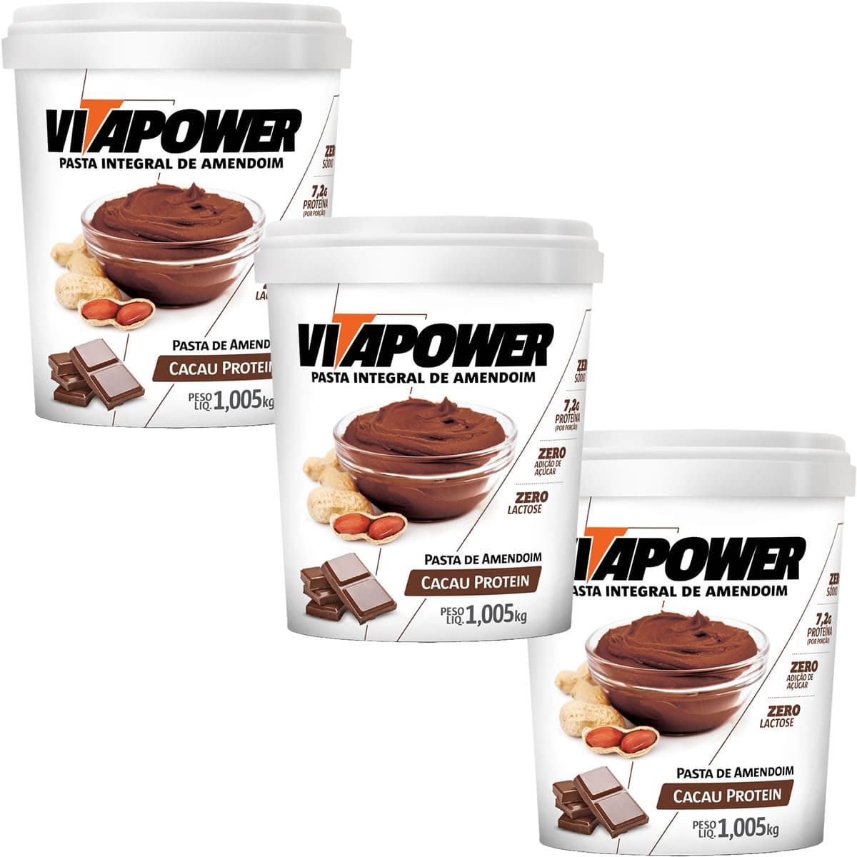 Kit 3X Pasta Integral de Amendoim - 1005g Cacau Protein - VitaPower