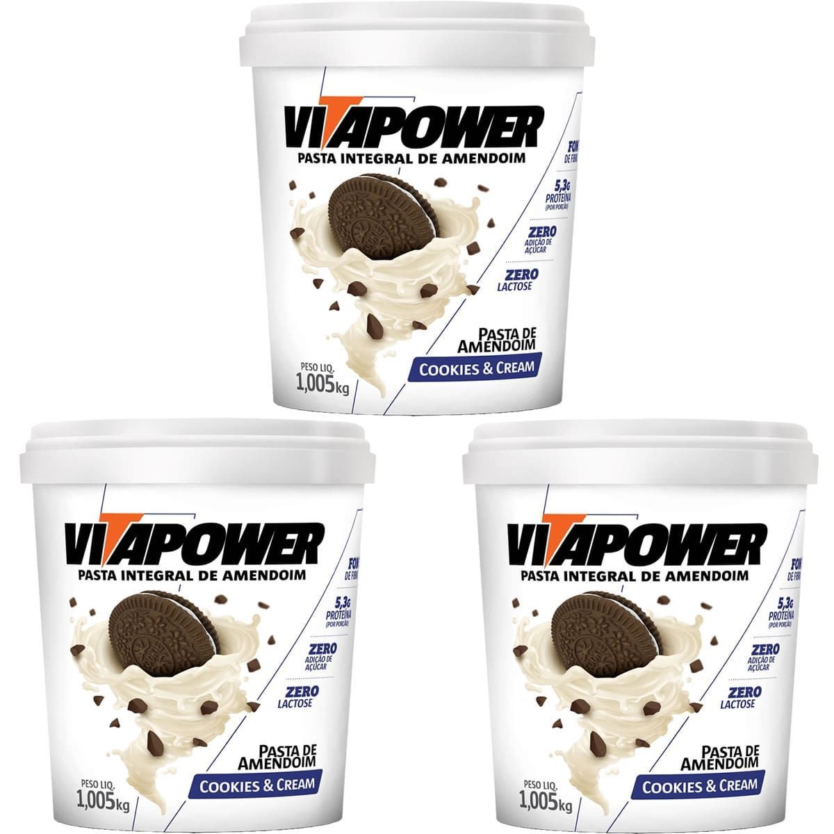 Kit 3X Pasta Integral de Amendoim - 1005g Cookies and Cream - Vitapower