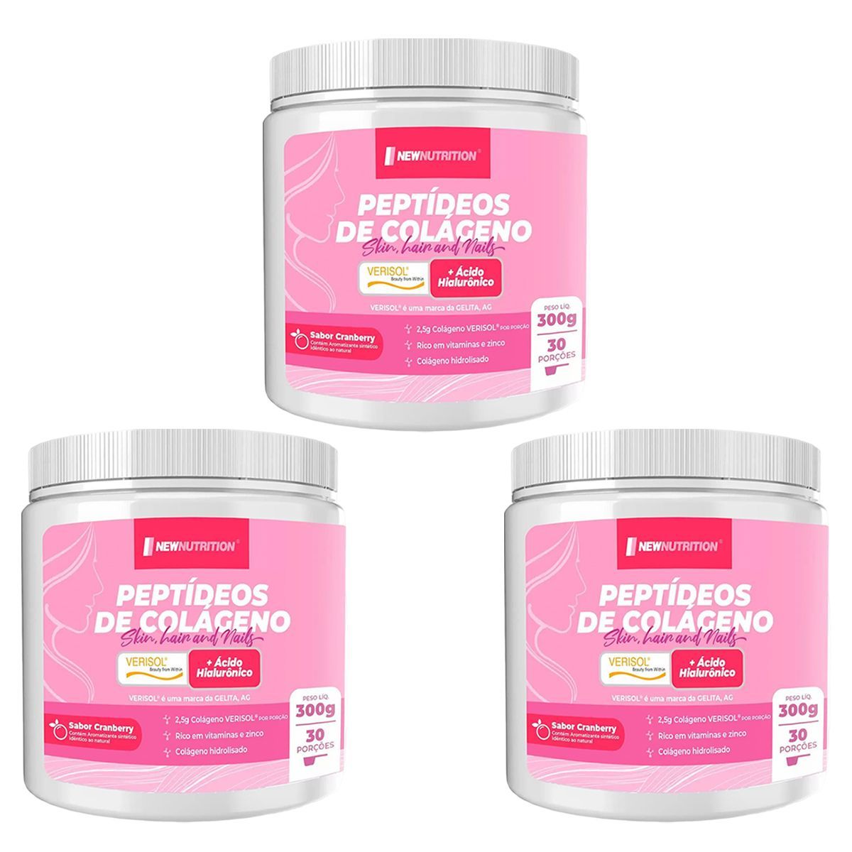 Kit 3X Pept�deos de Col�geno Verisol com �cido Hialur�nico - 300g Cranberry - NewNutrition