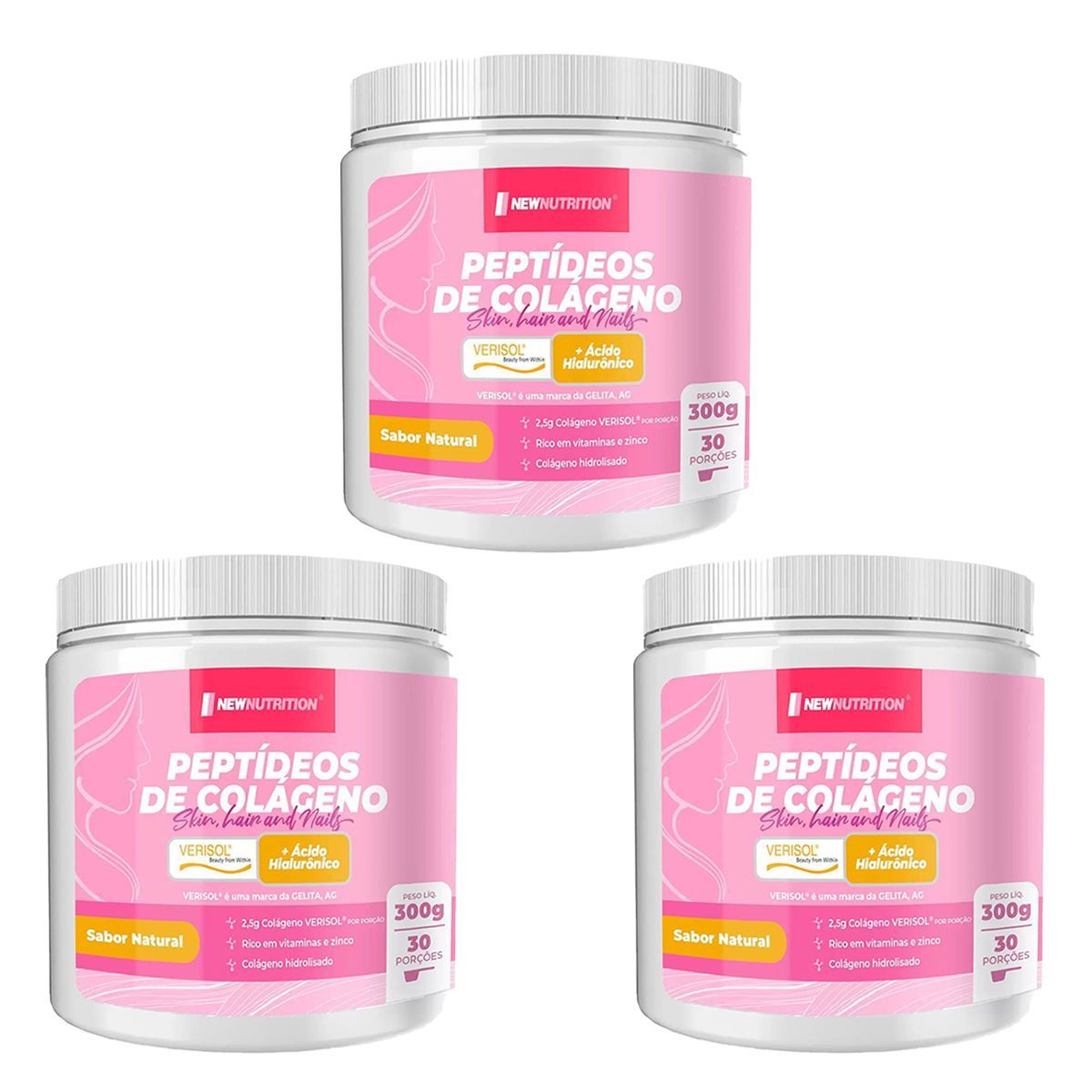 Kit 3X Pept�deos de Col�geno Verisol com �cido Hialur�nico - 300g Natural - NewNutrition