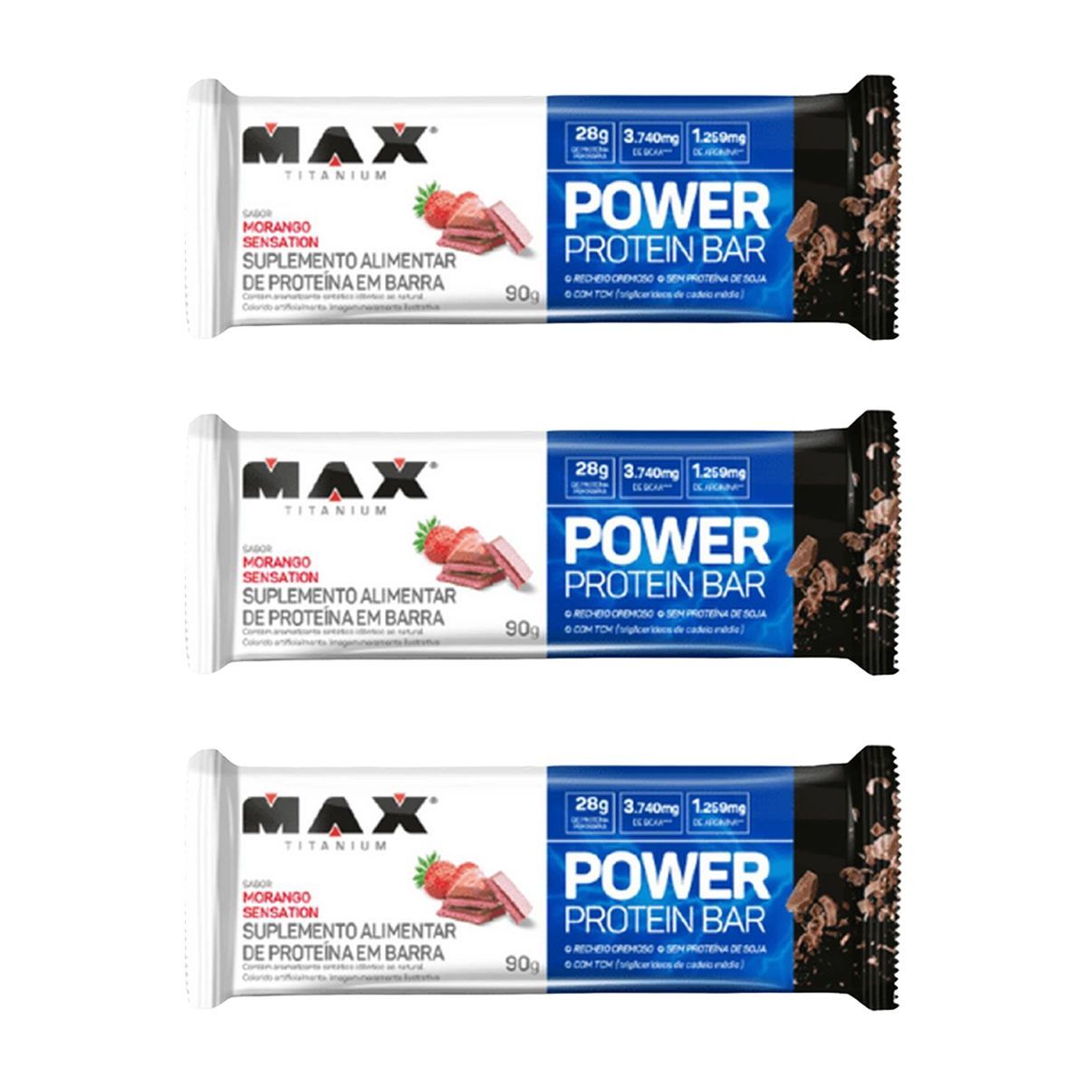 Kit 3X Power Protein Bar - 1 Unidade 90g Morango Sensation - Max Titanium