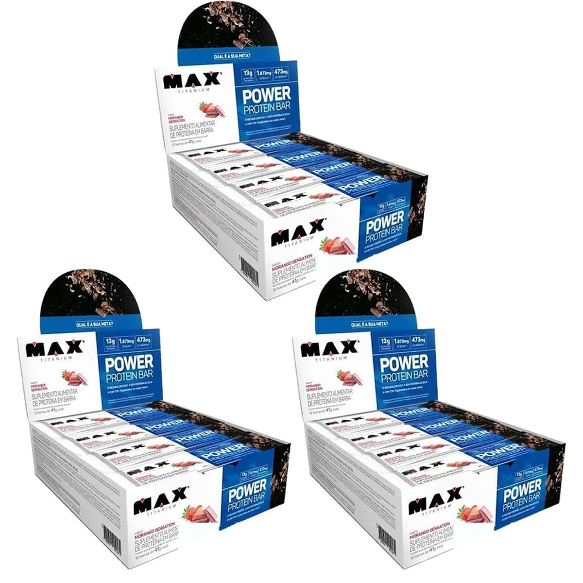 Kit 3X Power Protein Bar - 12 unidades 41g Morango Sensation - Max Titanium