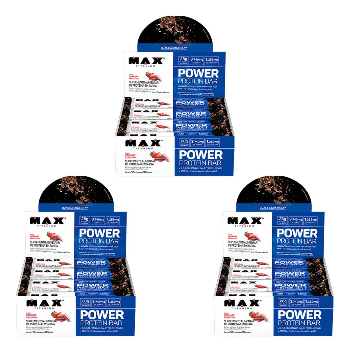 Kit 3X Power Protein Bar - 8 unidades 90g Morango Sensation - Max Titanium
