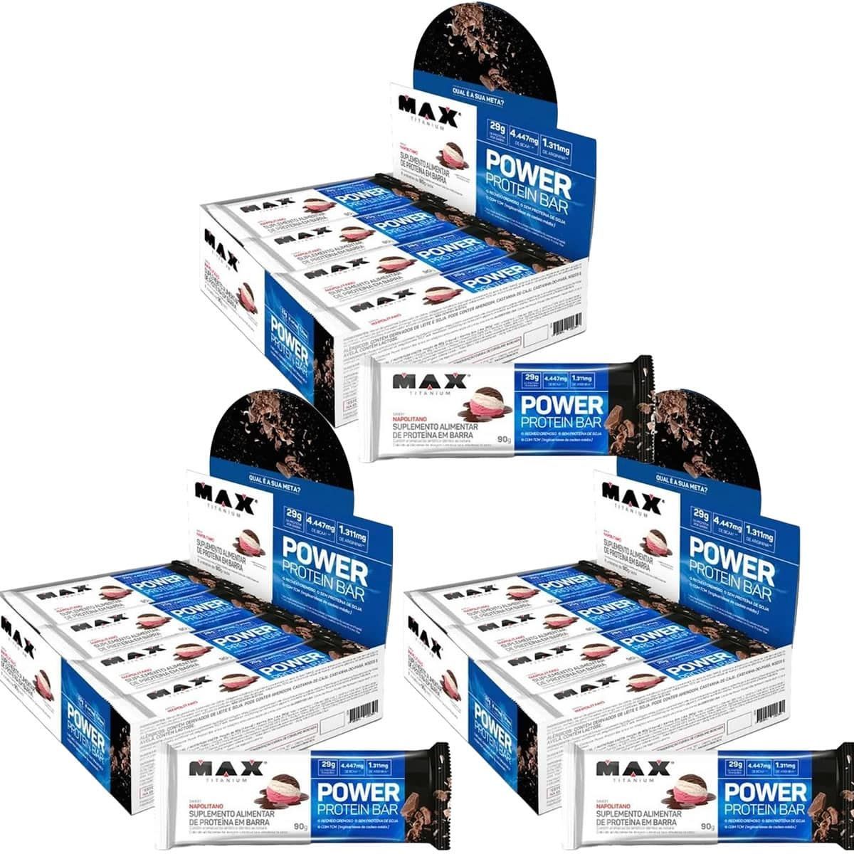 Kit 3X Power Protein Bar - 8 unidades 90g Napolitano - Max Titanium