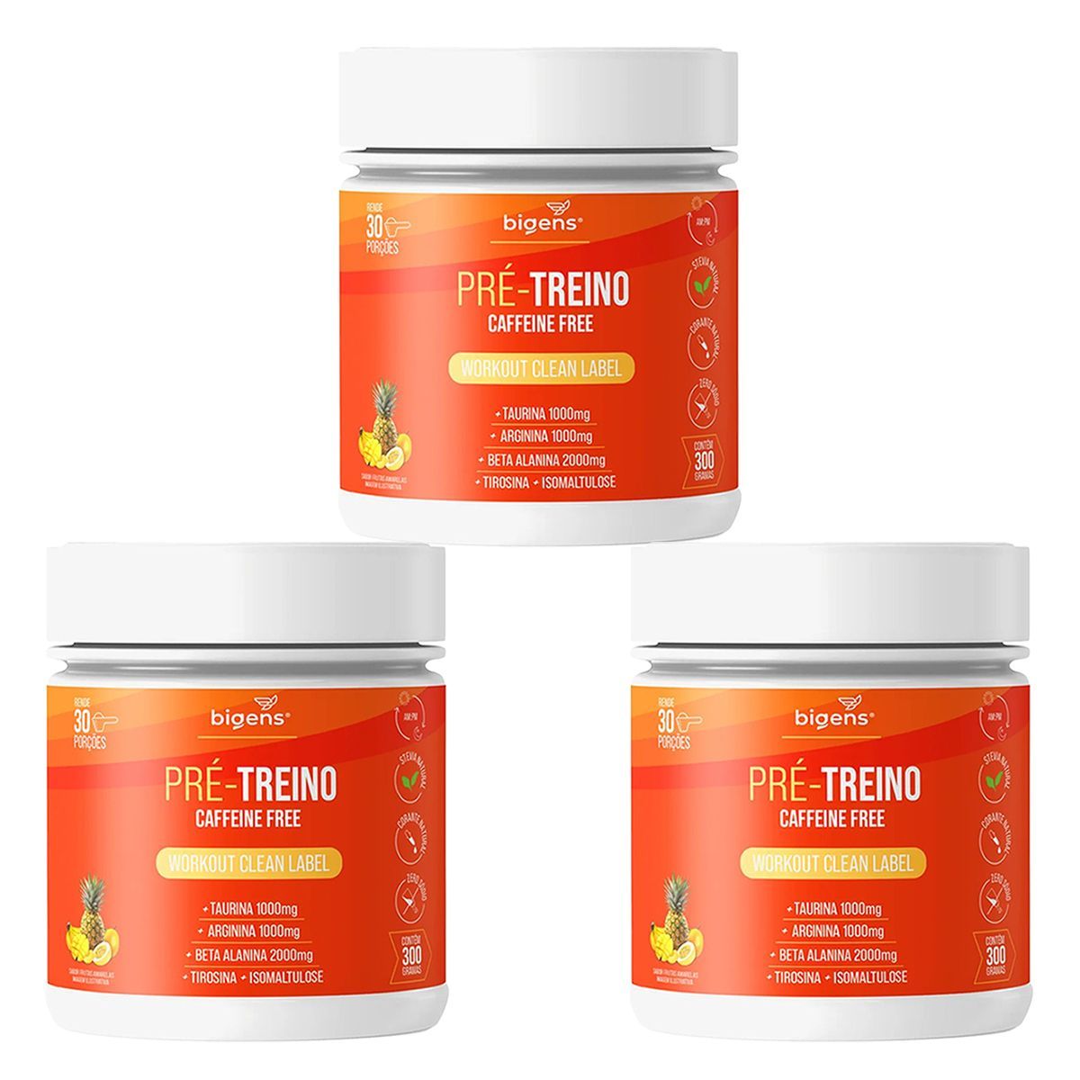 Kit 3X Pr�-Treino Caffeine Free - 300g Frutas Amarelas - Bigens