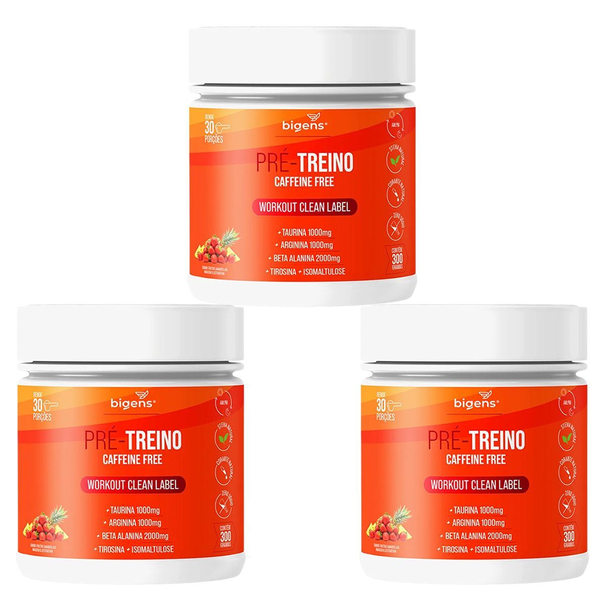 Kit 3X Pr�-Treino Caffeine Free - 300g Morango e Abacaxi - Bigens