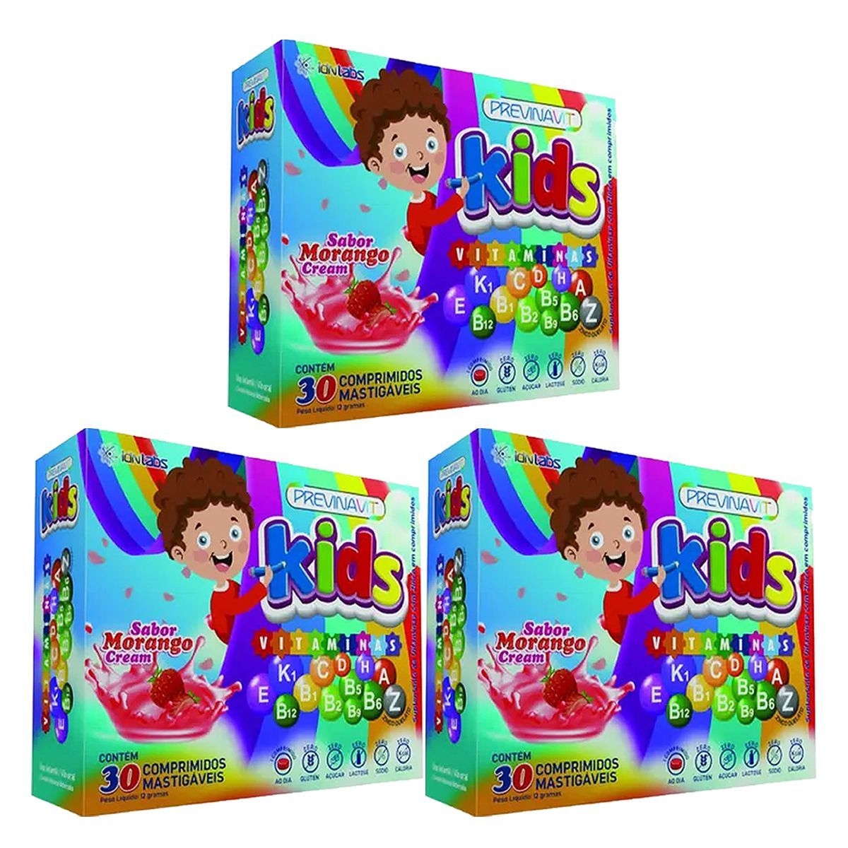 Kit 3X Previnavit Kids Vitaminas - 30 Comprimidos Mastigaveis Morango - IDN Labs
