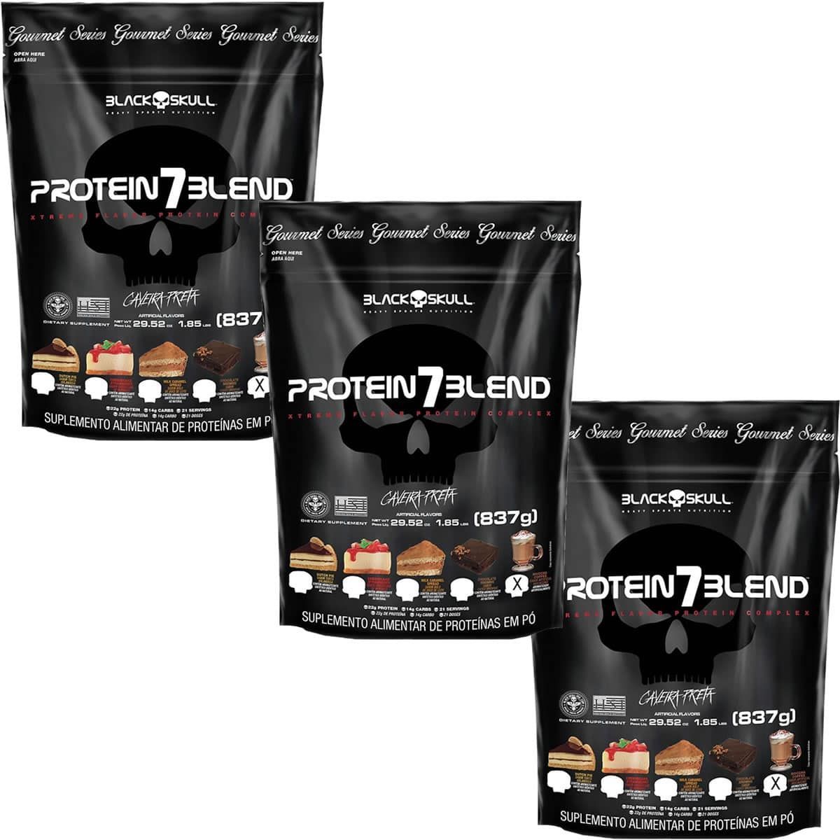 Kit 3X Protein 7Blend Gourmet - 837g Refil Moccha Coffee - Black Skull