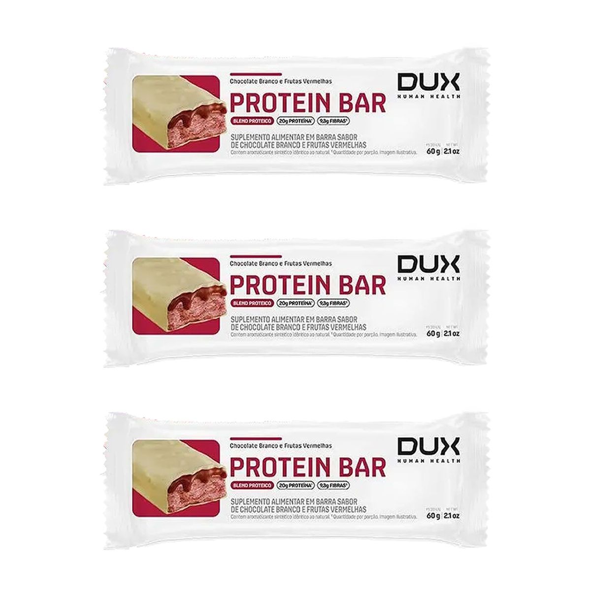 Kit 3X Protein Bar - 1 Unidade 60g Chocolate Branco e Frutas Vermelhas - Dux Nutrition