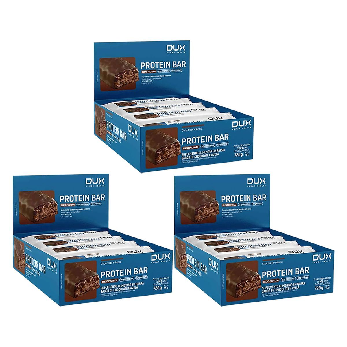 Kit 3X Protein Bar - 12 Unidades 60g Chocolate e Avel� - Dux Nutrition
