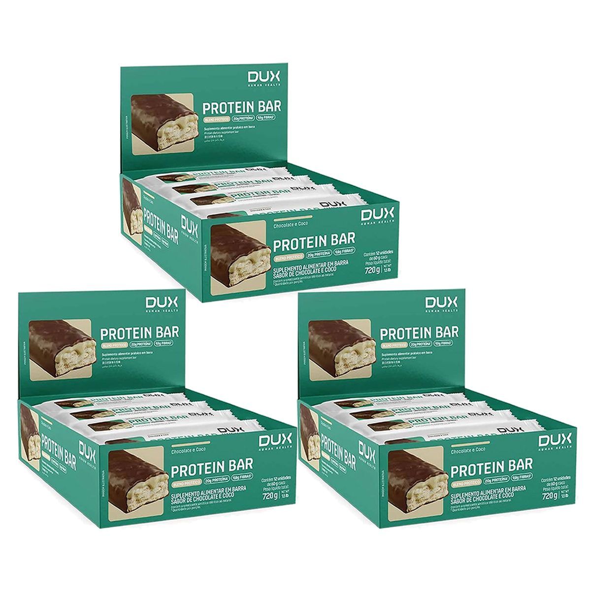 Kit 3X Protein Bar - 12 Unidades 60g Chocolate e Coco - Dux Nutrition