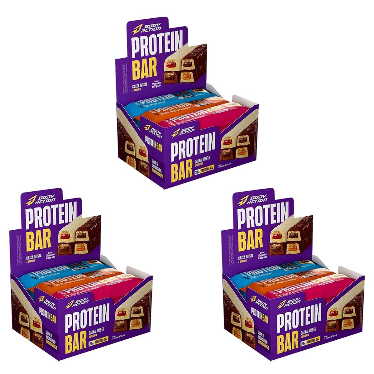 Kit 3X Protein Bar - 12 Unidades de 55g Mista - Bodyaction