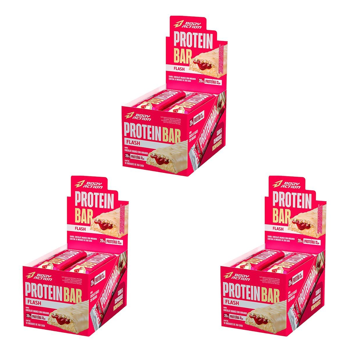 Kit 3X Protein Bar Flash - 10 Unidades 35g Chocolate Branco com Morango - Body Action