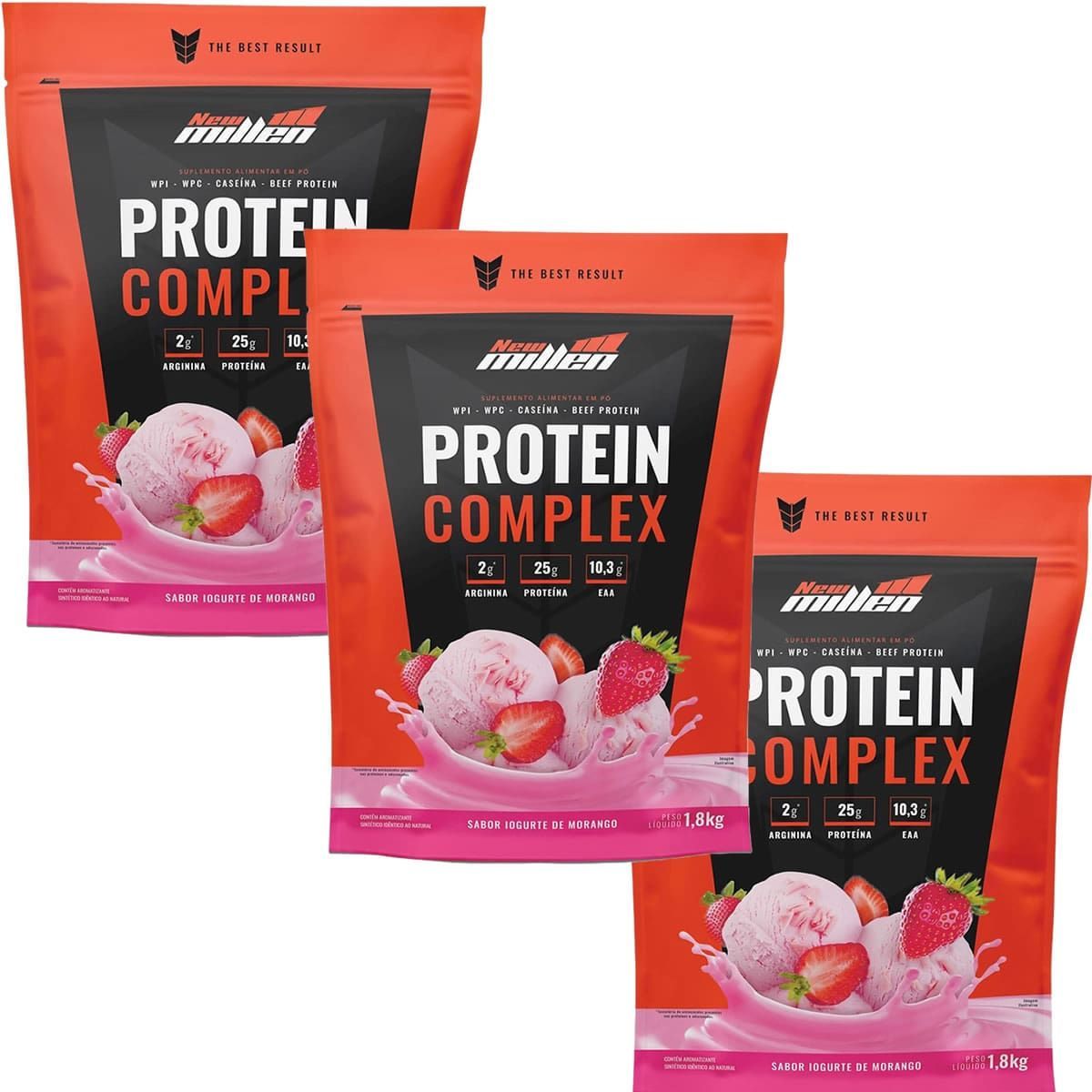 Kit 3X Protein Complex - 1800g Refil Iogurte de Morango - New Millen