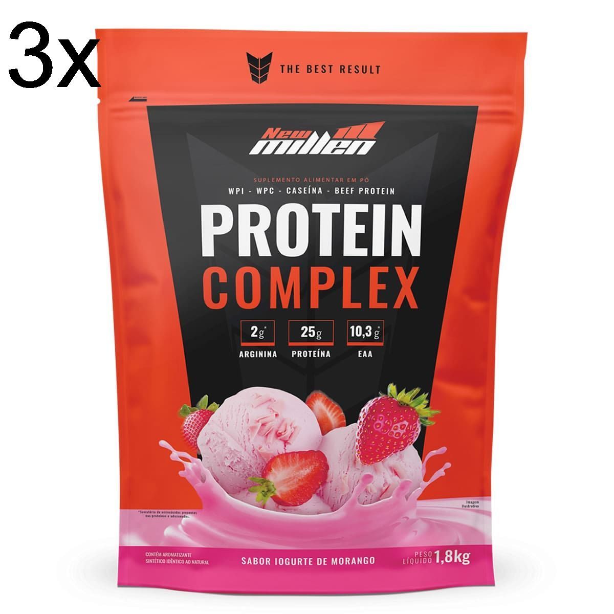 Kit 3X Protein Complex - 1800g Refil Iogurte de Morango - New Millen