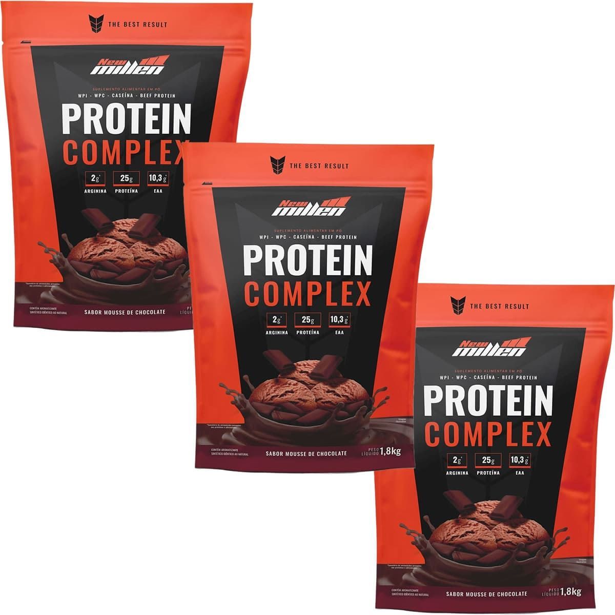 Kit 3X Protein Complex - 1800g Refil Mousse de Chocolate - New Millen