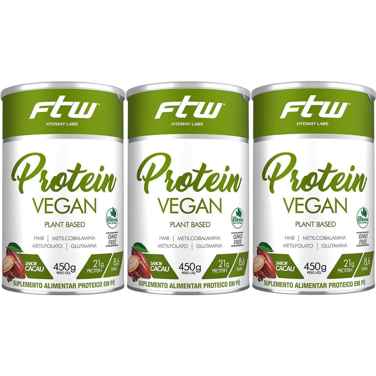 Kit 3X Protein Vegan Plant Based - 450g Cacau - FTW