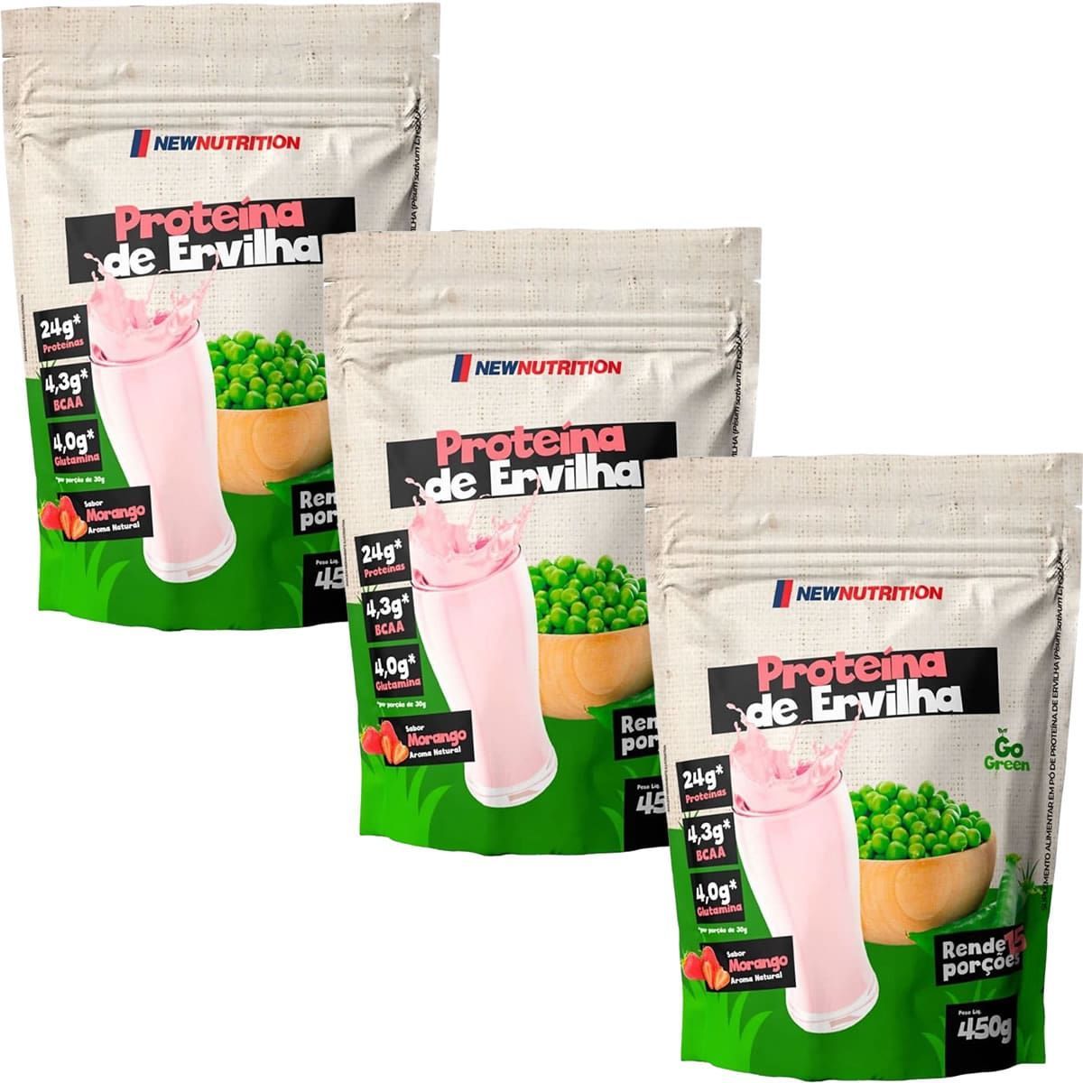 Kit 3X Proteina da Ervilha - 450g Refil Morango - NewNutrition