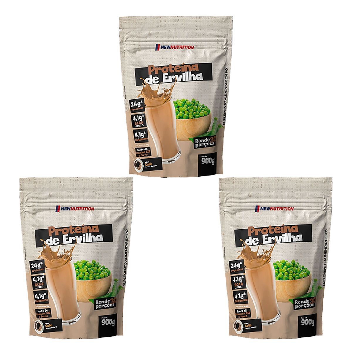 Kit 3X Prote�na da Ervilha - 900g Refil Caf� - NewNutrition