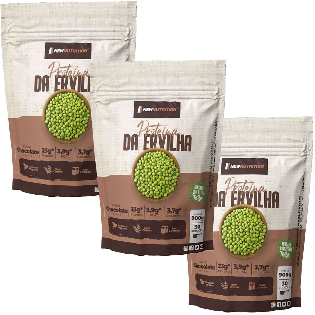 Kit 3X Prote�na da Ervilha - 900g Refil Chocolate - NewNutrition