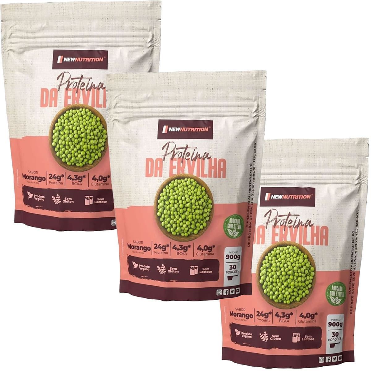Kit 3X Prote�na da Ervilha - 900g Refil Morango - NewNutrition