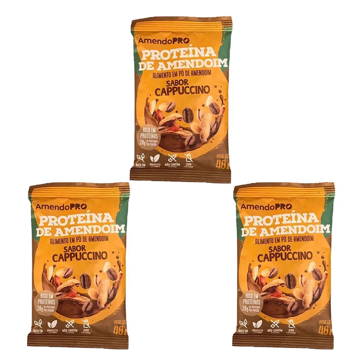 Kit 3X Proteina de Amendoim - 1 Unidade 40g Cappuccino - AmendoPr�