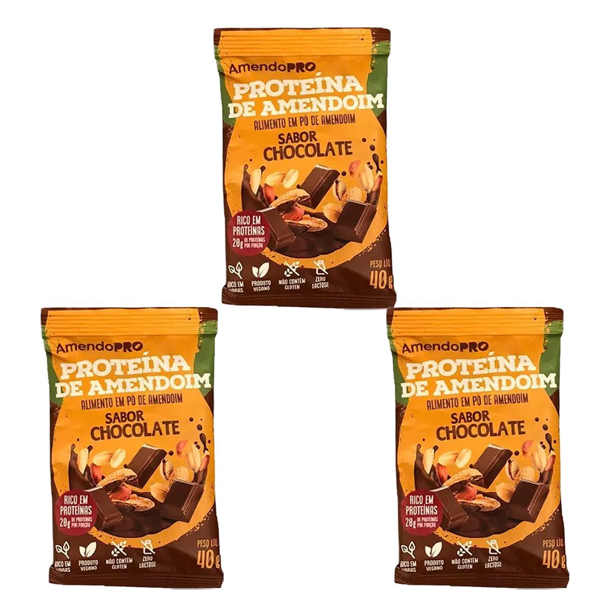 Kit 3X Proteina de Amendoim - 1 Unidade 40g Chocolate - AmendoPr�