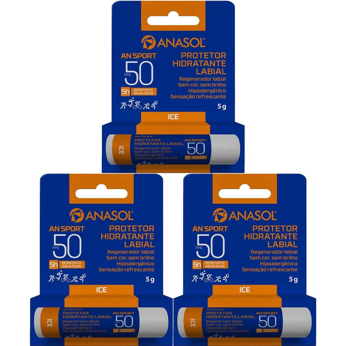 Kit 3X Protetor Labial An Sport FPS 50 - 5g Ice - Anasol