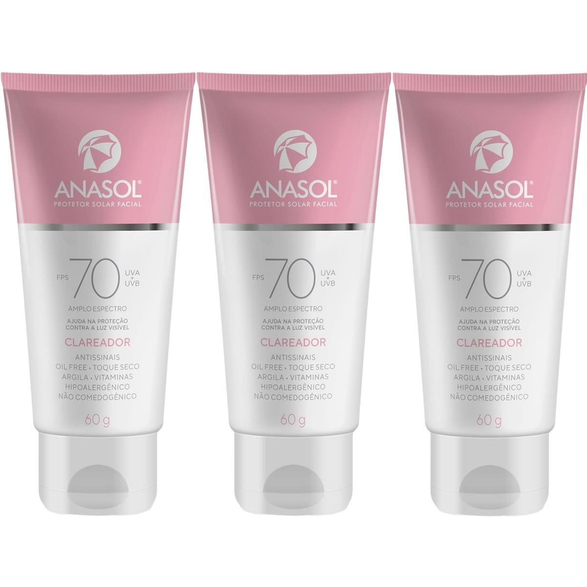 Kit 3X Protetor Solar Facial Clareador - 60g FPS 70 - Anasol